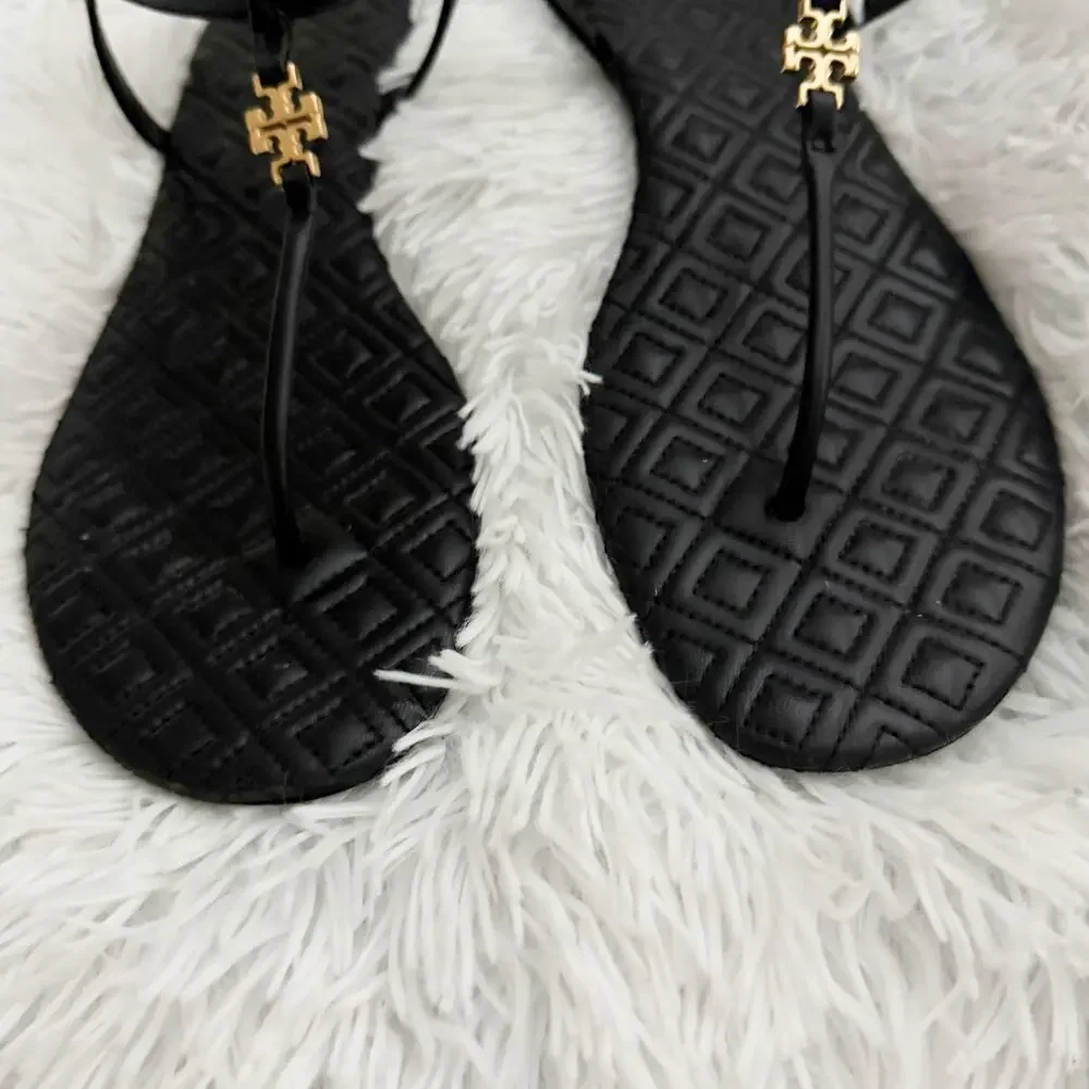 TORY BURCH | Marion Quilted Leather Flat Sandals Black & Gold Ankle Strap | 10